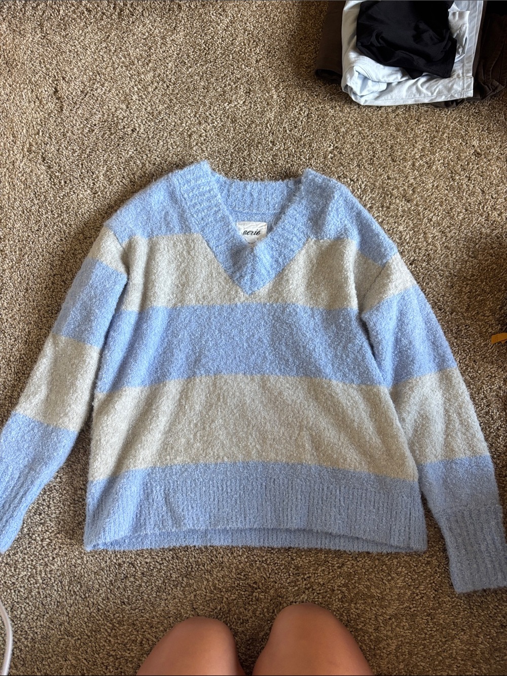 Aerie Blue & Cream Striped V-Neck Cozy Sweater